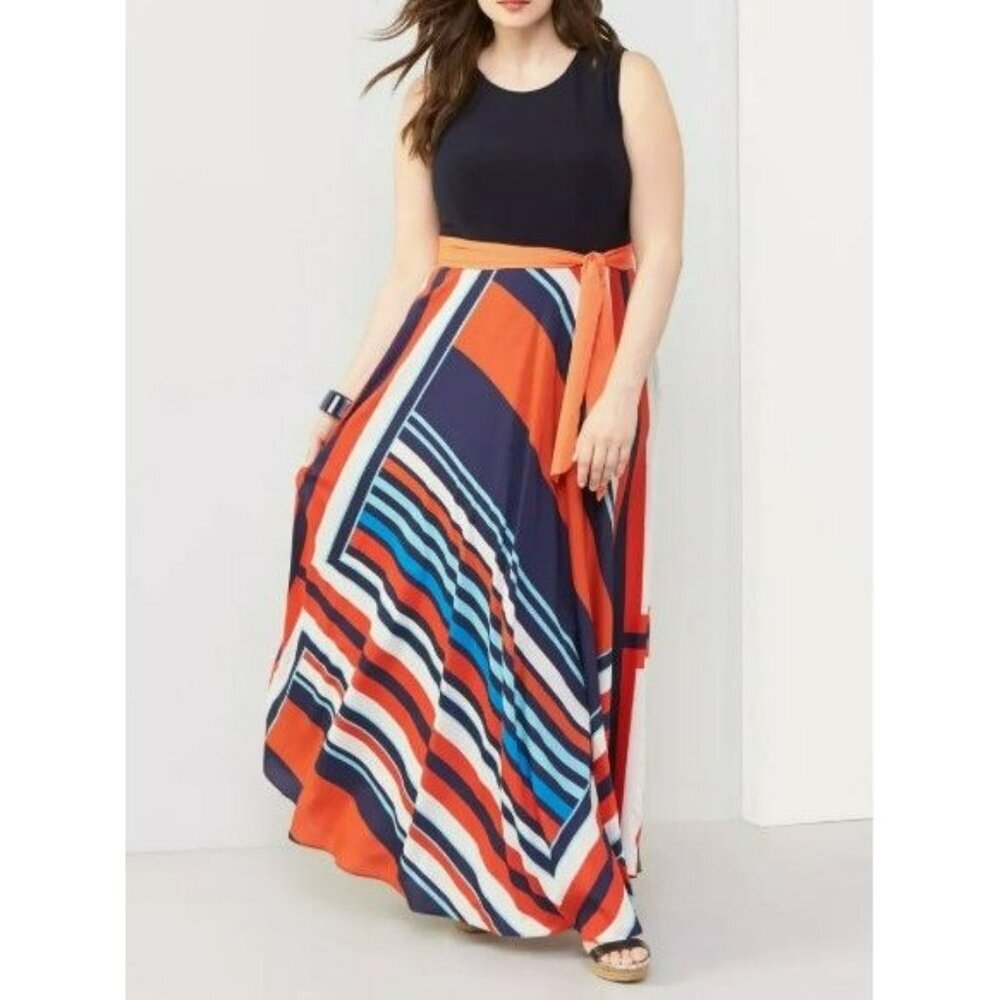 Eliza J Maxi Dress Women 6 Jersey Navy Red Scarf‎ Geometric Sash Flowy A-Line